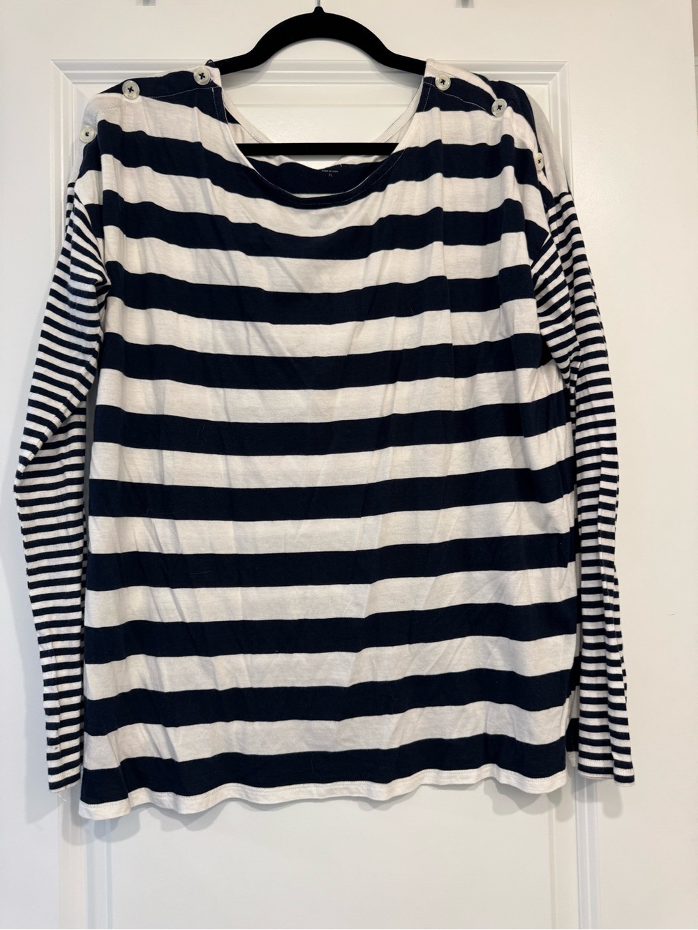 Loft Navy and White Striped Button-Shoulder Top